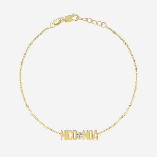 Two Name Mini Mini Nameplate Bracelet with Diamond Bezel