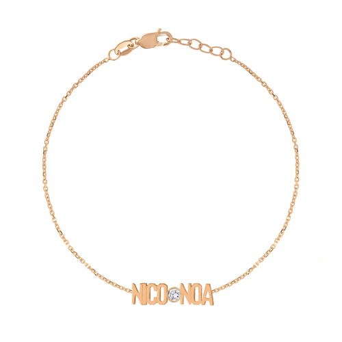 Two Name Mini Mini Nameplate Bracelet with Diamond Bezel