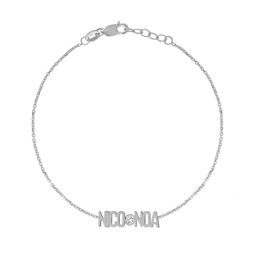 Two Name Mini Mini Nameplate Bracelet with Diamond Bezel